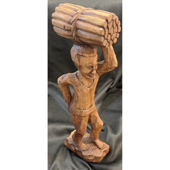 S. Valescot Signed Vintage Carved Wooden Sculpture of a Man Carrying Wood Hati - Picture 1 of 10